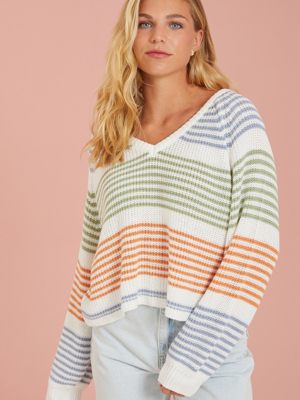 Vici Striped V-Neck Cropped Sweater in White with Blue, Green & Orange Stripes